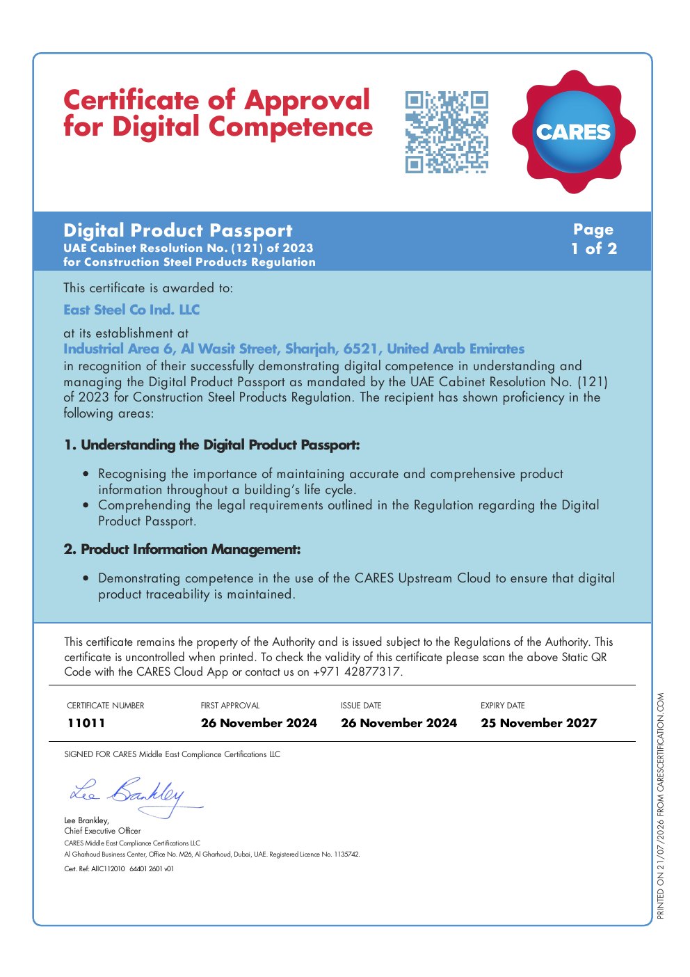 CARES Digital Product Passport - Billets & Reinforcing Bars certificate preview