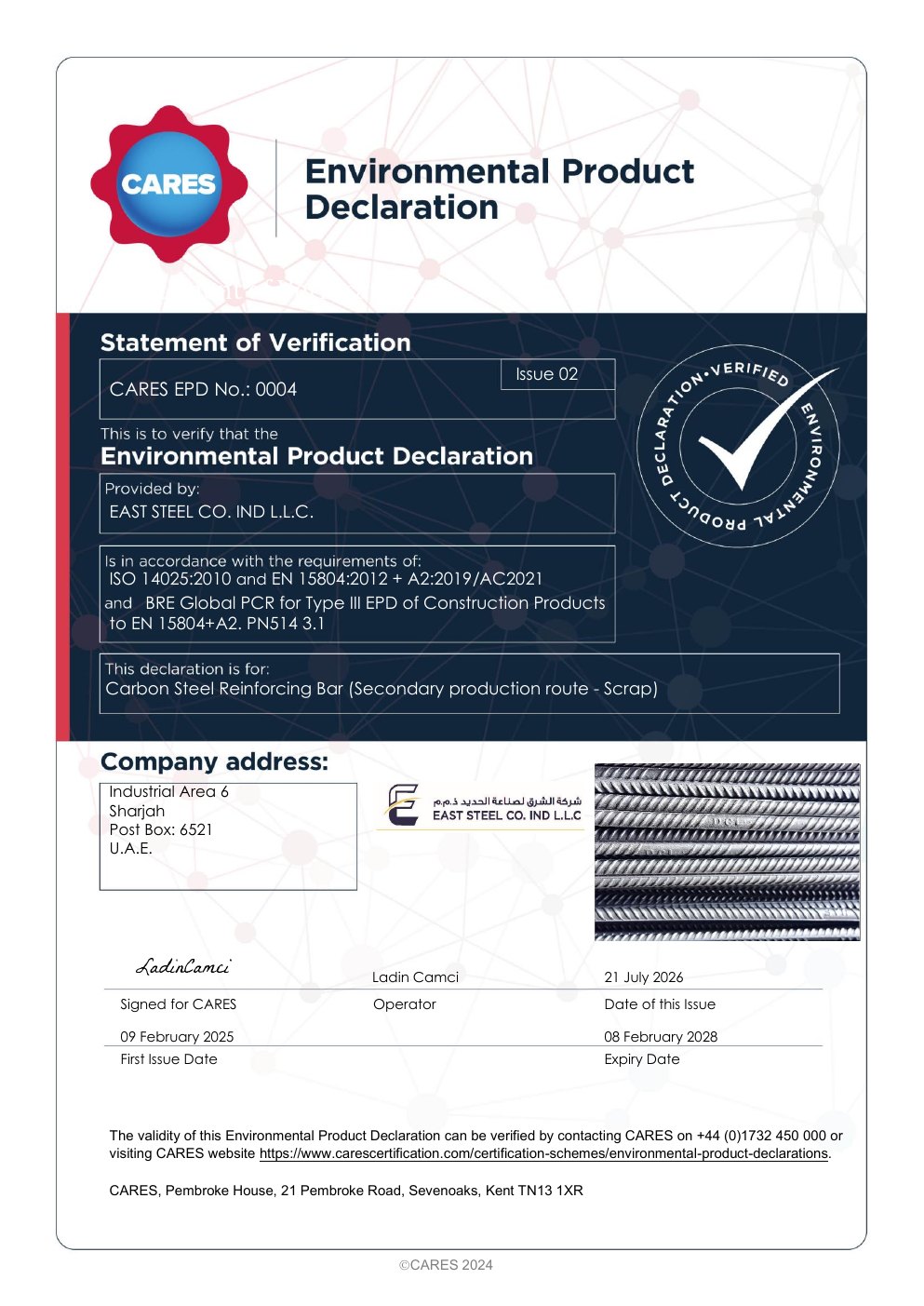 CARES Environmental Product Declaration (EPD) - Reinforcing Bar certificate preview