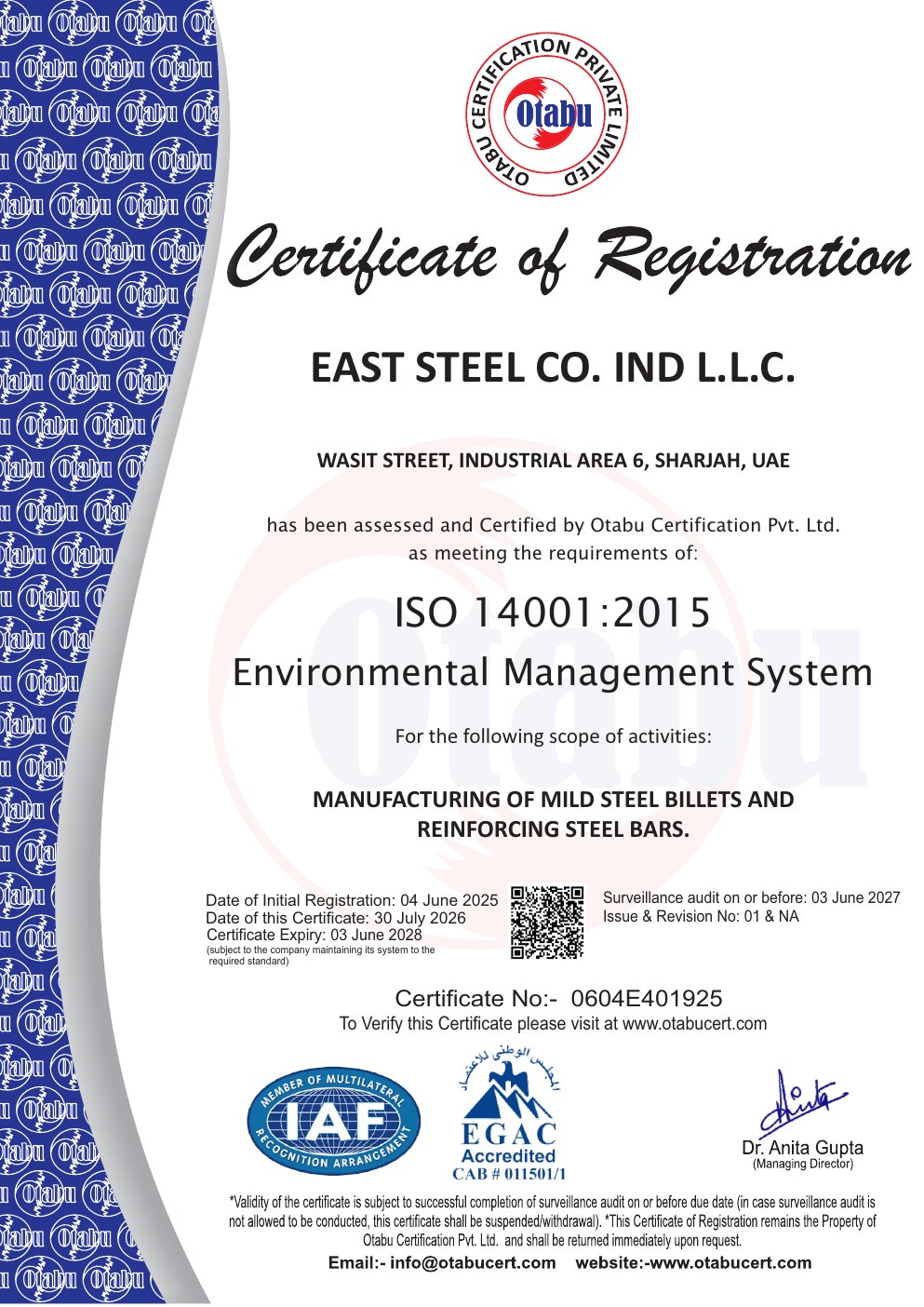 ISO 14001:2015 Environmental Management System certificate preview